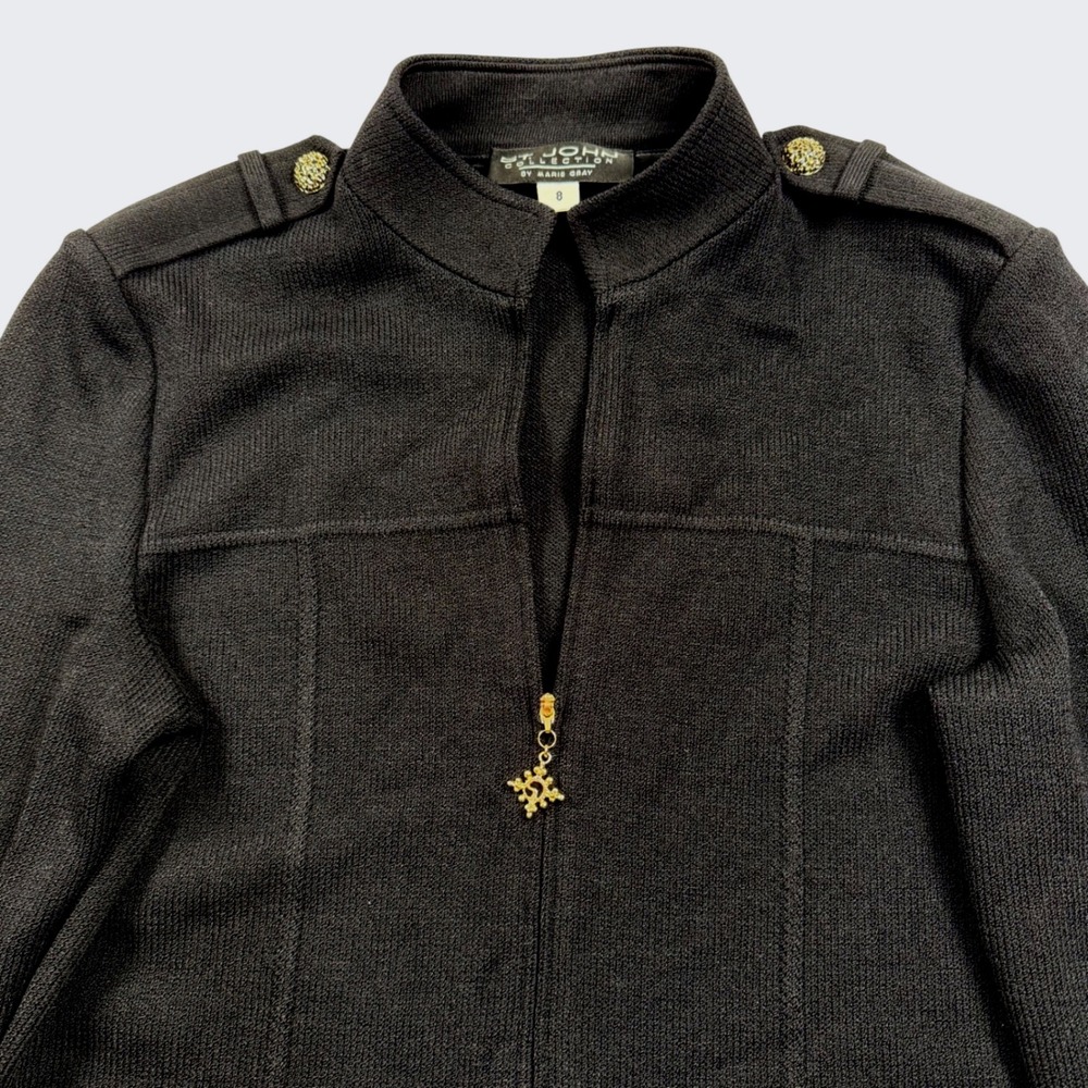 St John Collection Jacket Womens 8 Black Knit Military Zip Up Blazer USA